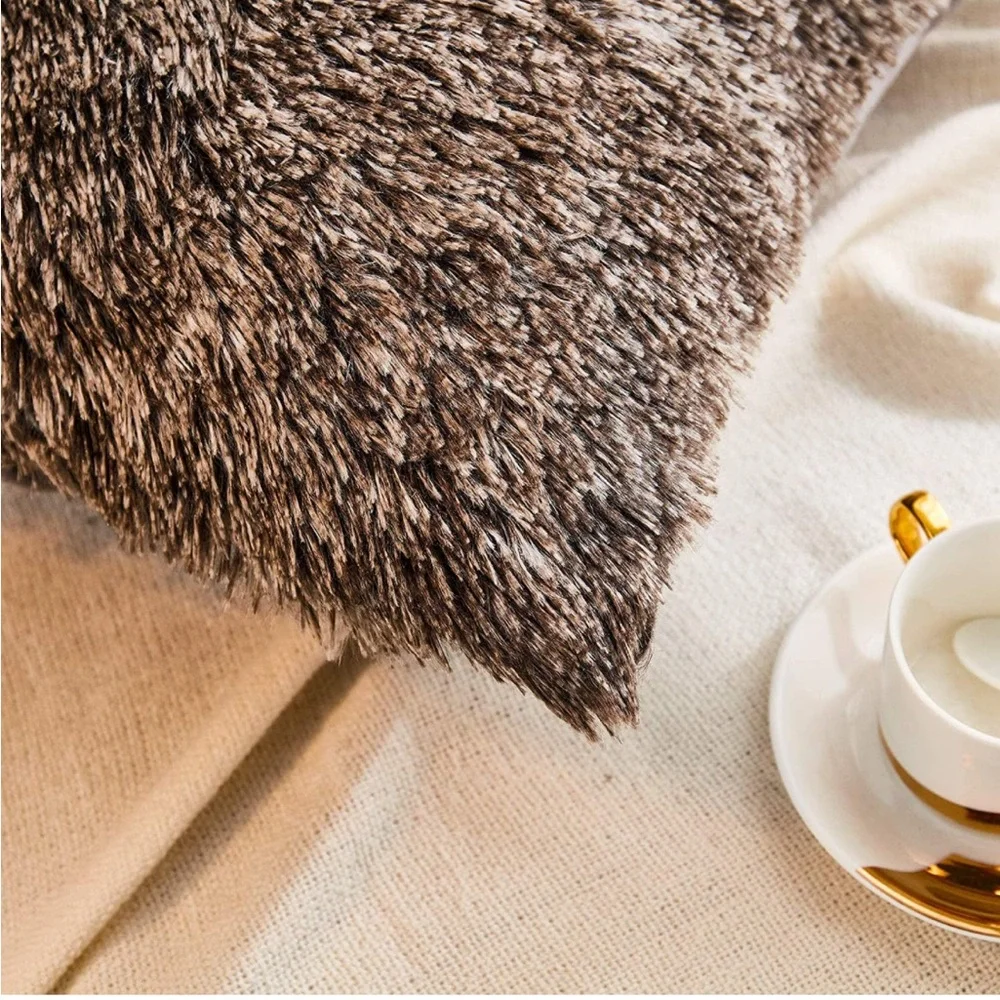 Luxury Home | Elegant Chocolate Brown & Cream Ombre Faux Fur Throw Pillow Covers